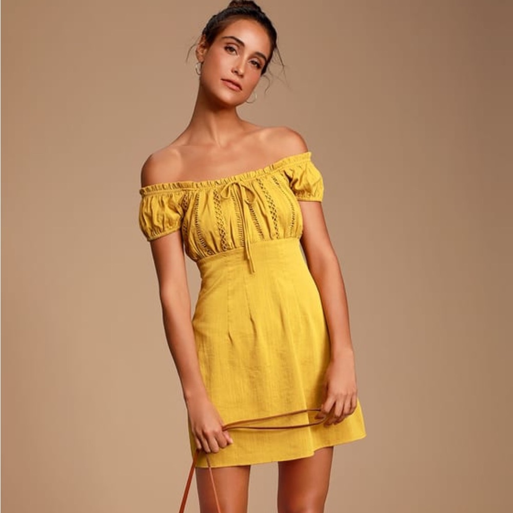 Lulus Wisteria Mustard Yellow Embroidered Off-The-Shoulder Mini Dress